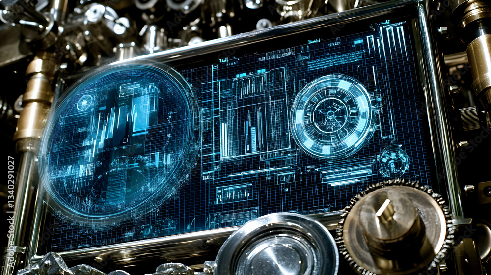 Poster futuristic steampunk screen display with intricate mechanical gears and glowing digital interface. p