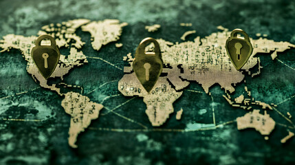 Naklejka premium Global security concept three miniature padlocks on a world map, symbolizing international data protection and cybersecurity.