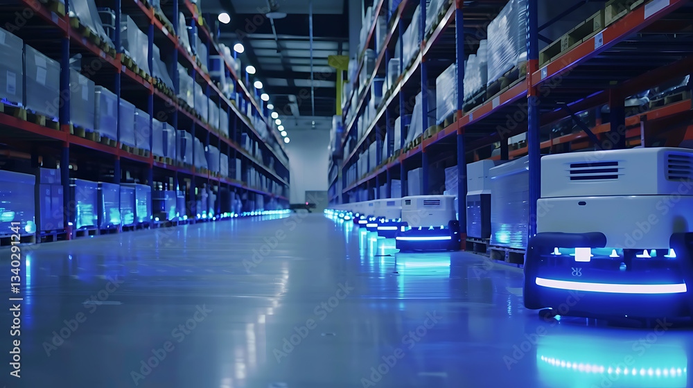 Poster modern, automated warehouse with shelves stocked with goods and autonomous mobile robots navigating 