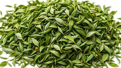 Vibrant Pile of Green Tea Leaves on White Background - High-Quality AI Photo