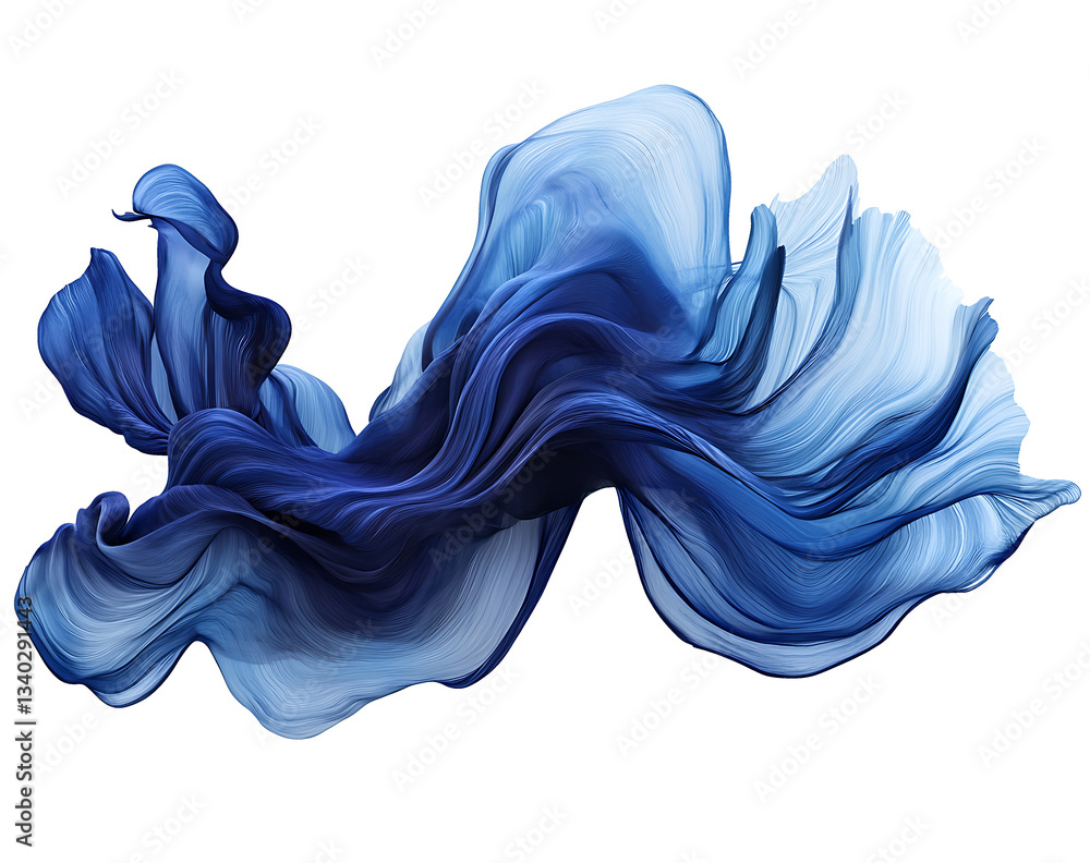 Poster abstract flowing blue fabric on a trasparent background soft curves and delicate folds