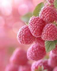 Close-up of fresh raspberries with a soft pink background, showcasing the rich texture and vibrant color of the fruits, perfect for food-related themes and healthy eating promotion