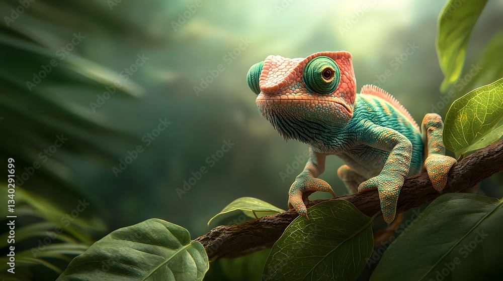 Poster chameleon expertly camouflaged on branch its skin dynamically changing color to perfectly blend with