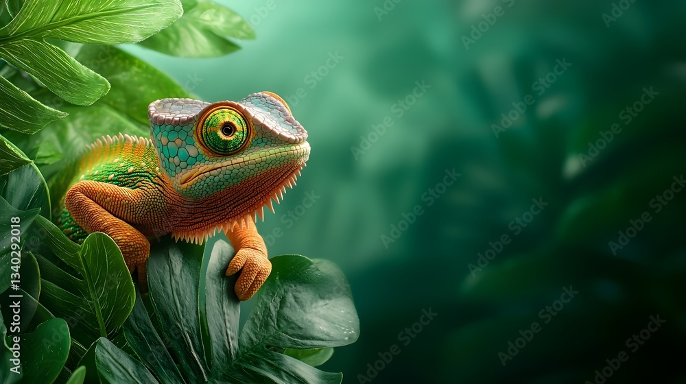 Poster colorful chameleon clinging to a branch its skin changing to perfectly blend in with the surrounding