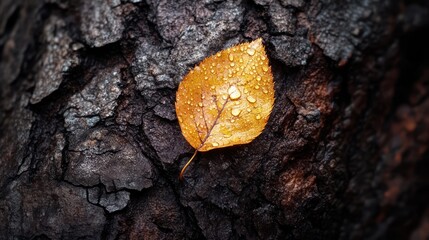 Autumnal Dew: A Single Leaf Adorned with Water Droplets on Weathered Bark Texture