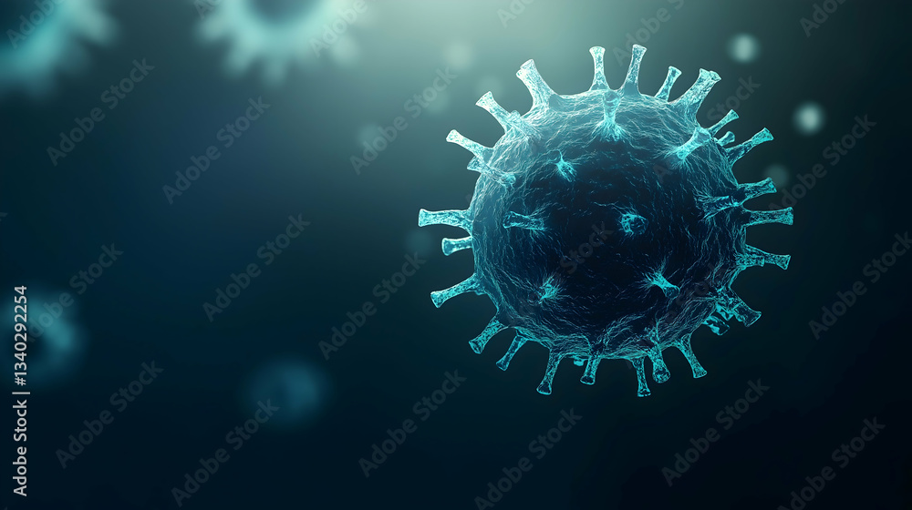 Poster a close-up view of a virus particle, depicting its intricate structure in a blue-toned, abstract bac
