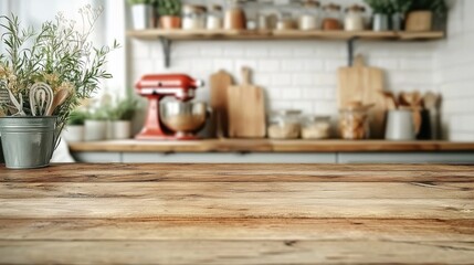 Cozy and warm farmhouse style kitchen interior with wooden shelves cooking utensils and various kitchen appliances and ingredients  Rustic natural and homemade atmosphere for food and cooking