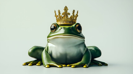 A green frog wearing a golden crown, symbolizing royalty and whimsical charm, sits majestically against a plain background.