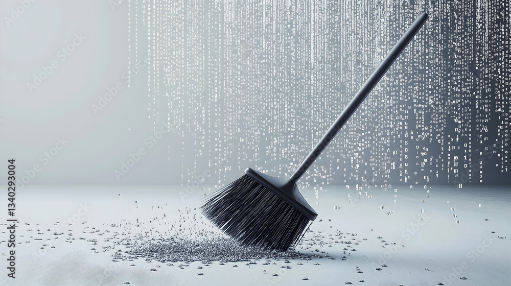 Poster a broom sweeping particles on a surface with a backdrop of cascading water droplets, creating an art