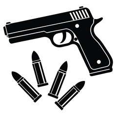 Handgun with bullets on a white background