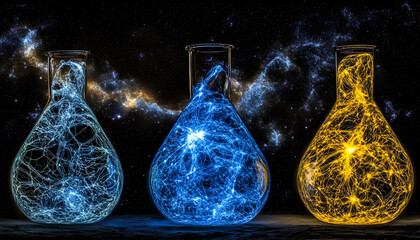 Three illuminated Erlenmeyer flasks filled with vibrant cosmic nebulae, against a dark starry backdrop.  A captivating visual representation of scientific exploration and the universe.