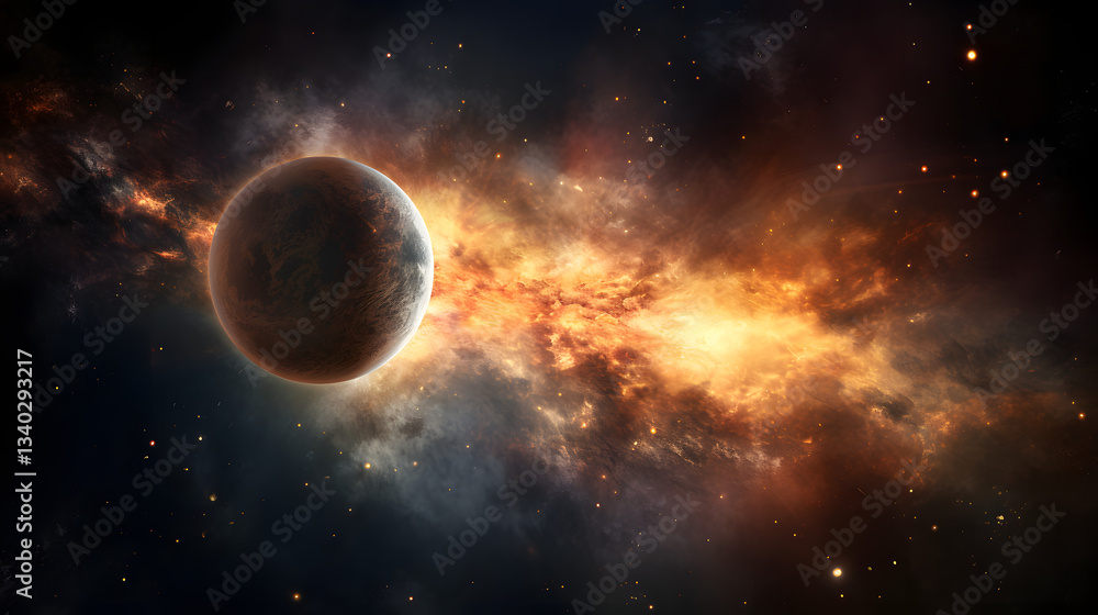 Poster captivating image of a planet in the sky showcasing the albedo effect and its implications on cosmic