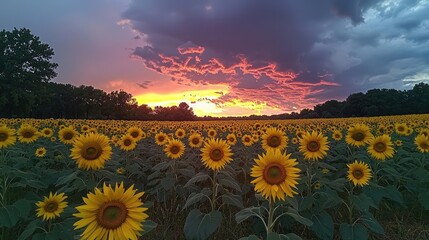 Fototapeta premium Macro flowers landscapes concept. Beautiful sunflower field under dramatic sunset with vibrant colors and clouds.