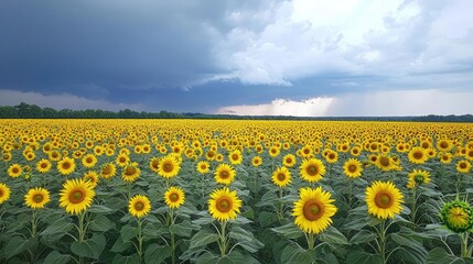 Fototapeta premium Macro flowers landscapes concept. Vibrant sunflower field under a dramatic sky with dark clouds in the background.