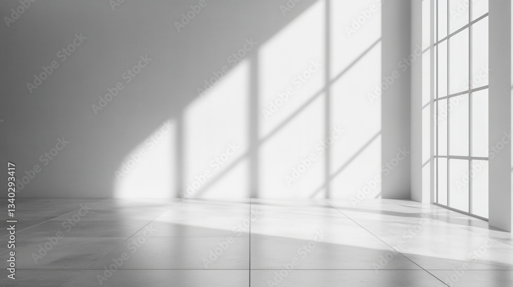 Poster serene minimalist interior with sunlight streaming through window casting shadows on wall and floor 