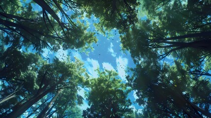 
A mesmerizing upward view of a dense forest, showcasing tall trees with bright green foliage against a vivid blue sky.