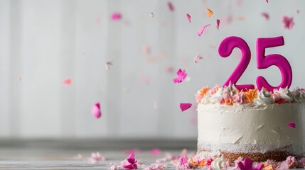 A beautifully decorated cake with a bright pink 25 candle sits amidst colorful confetti. It symbolizes a festive birthday celebration