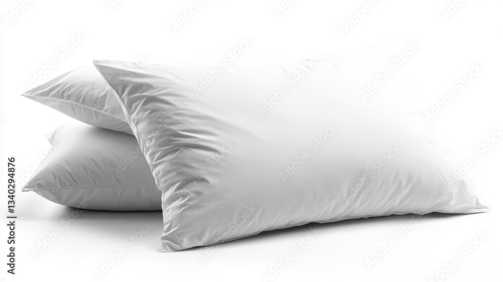 Poster stacked white pillows on a white background creating a sense of comfort and relaxation for sleep and