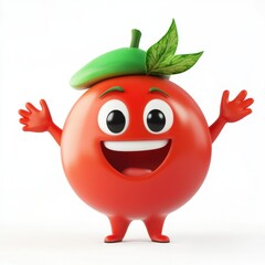 A cartoon tomato is smiling and holding a leaf