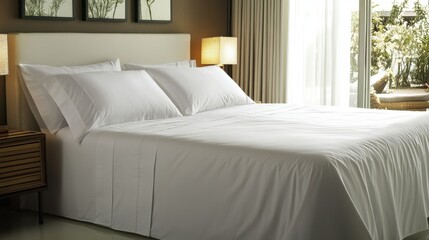Luxurious white bedding in a bright bedroom setting with a comfortable bed and elegant decor creates a serene and inviting atmosphere for relaxation