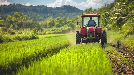 Obraz premium Farmer driving tractor through green rice field