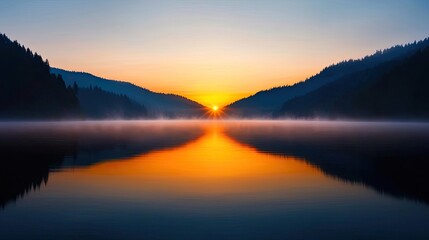 Obraz premium Lakeside sunset landscapes idea. Beautiful sunset over calm lake reflecting vibrant colors and surrounding mountains.