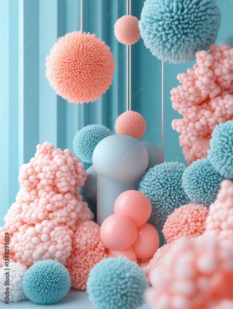 Poster whimsical pastel dreamscape soft spheres and textured forms in a serene composition for creative pro