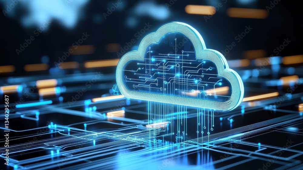 Poster futuristic cloud computing and digital technology concept with glowing circuit elements