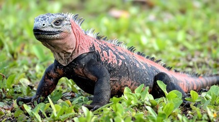Obraz premium Close-up of a colorful, spiny, land iguana in a grassy environment.