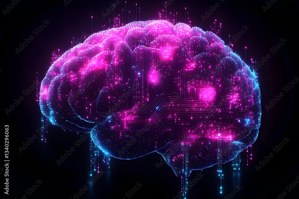 Poster illuminated neon brain with glowing network, digital connection concept on black background