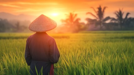 Fototapeta premium Elderly Asian farmer standing in lush rice field at sunrise