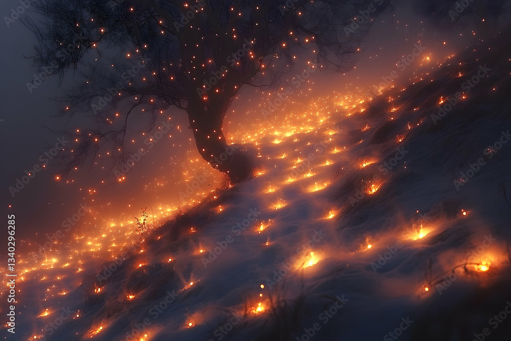 Poster hillside alight with tiny glowing embers around a tree, creating a magical, ethereal atmosphere on a