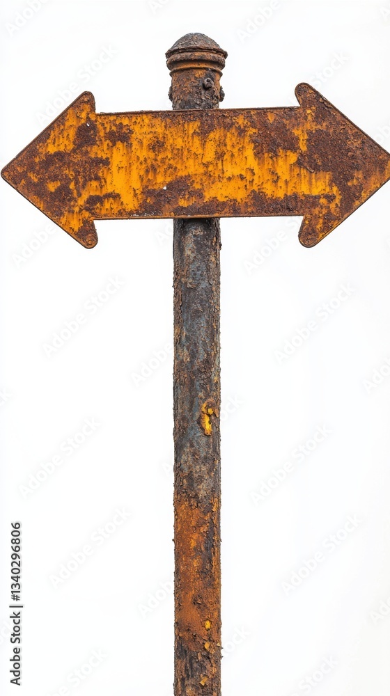 Poster weathered directional signpost with arrows indicating opposite directions against a clean white back