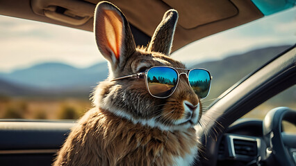 Road Trip with Rabbit: A whimsical and stylish rabbit, sporting cool sunglasses, takes the wheel on an exciting road trip. The playful juxtaposition of the animal in a human setting.