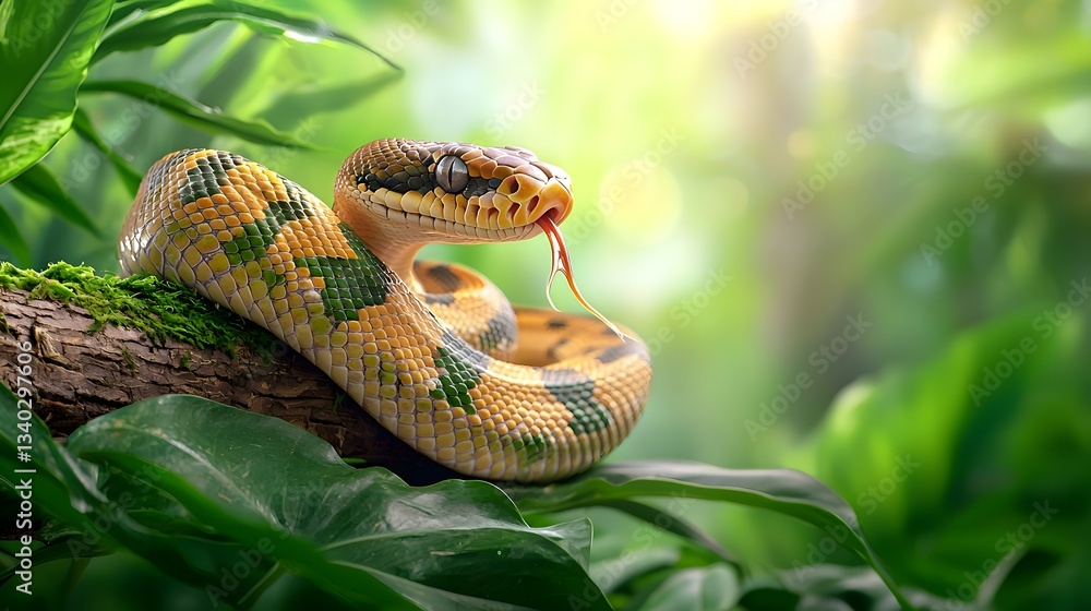 Poster coiled python with patterned scales glistening in the soft diffused light of the tropical rainforest