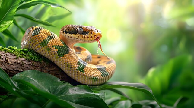 Coiled python with patterned scales glistening in the soft diffused light of the tropical rainforest perched on a thick jungle branch amidst lush foliage and vegetation