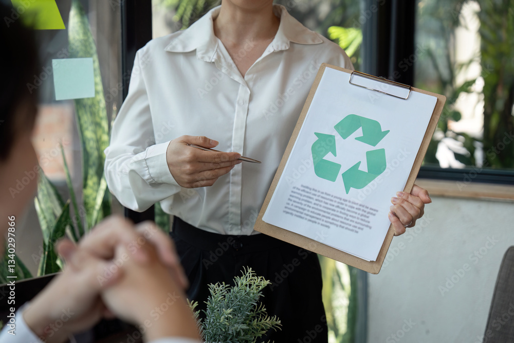 Poster sustainable practices and symbolic actions. a professional discussing recycling initiatives while ho