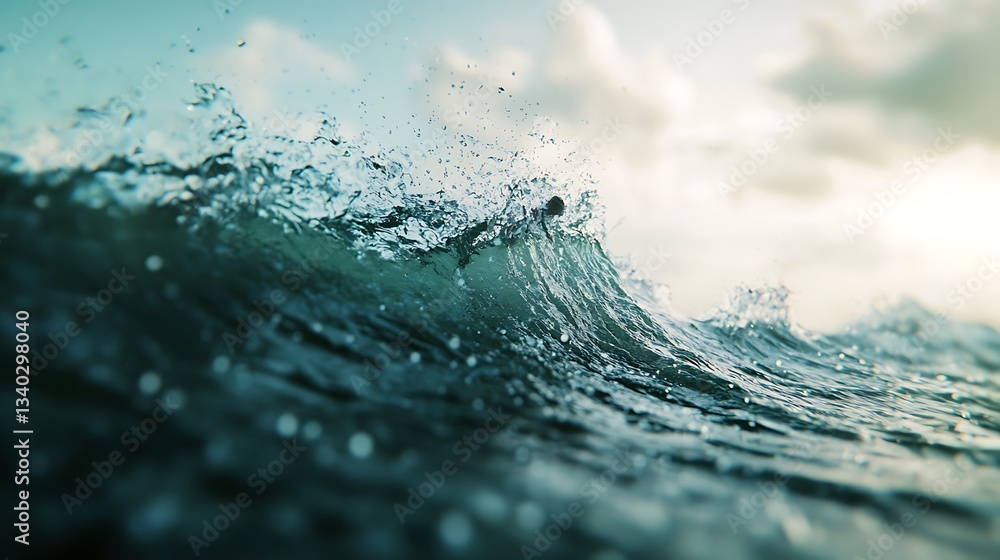 Poster a close-up view of ocean waves crashing, showcasing water droplets and light reflections, creating a