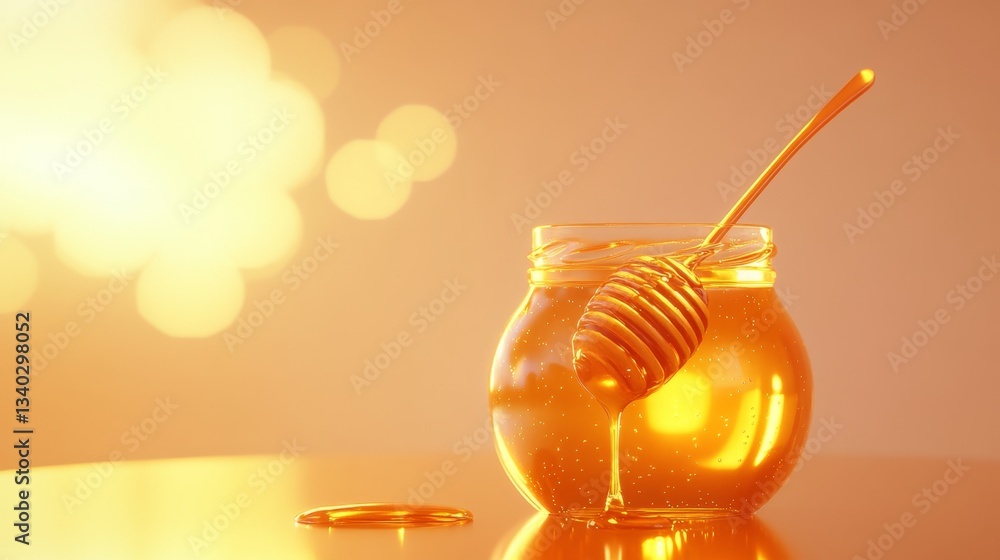 Poster 3d rendered floating honey jar with dripping spoon and soft glow