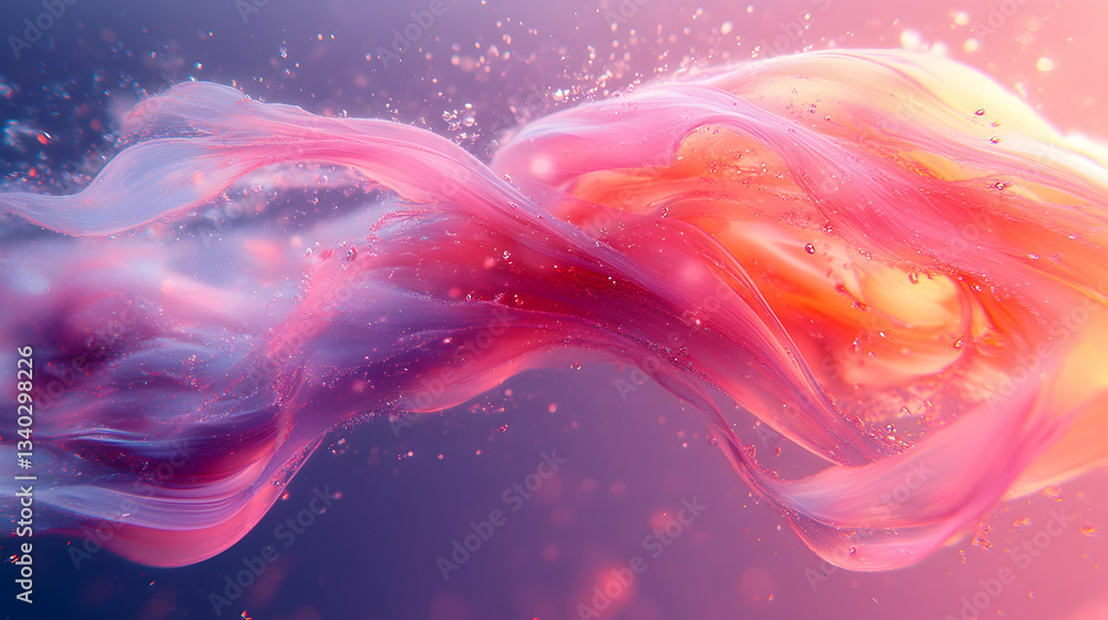 Poster fluid pink and orange waves intertwine in a soft, ethereal composition, adorned with tiny particles 