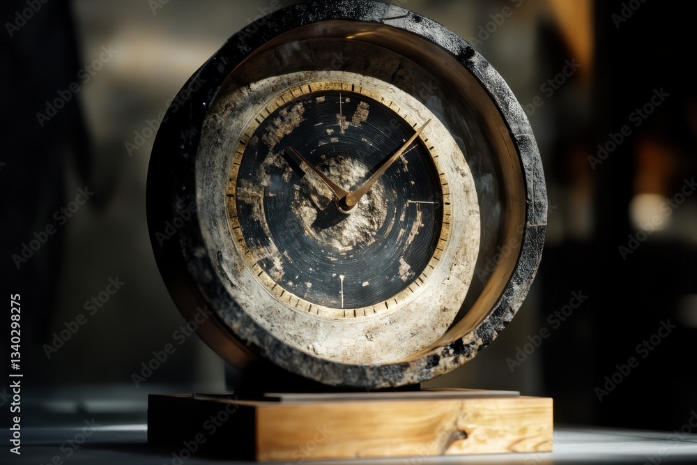 Poster a clock is shown in a distorted, blurry image with roman numerals