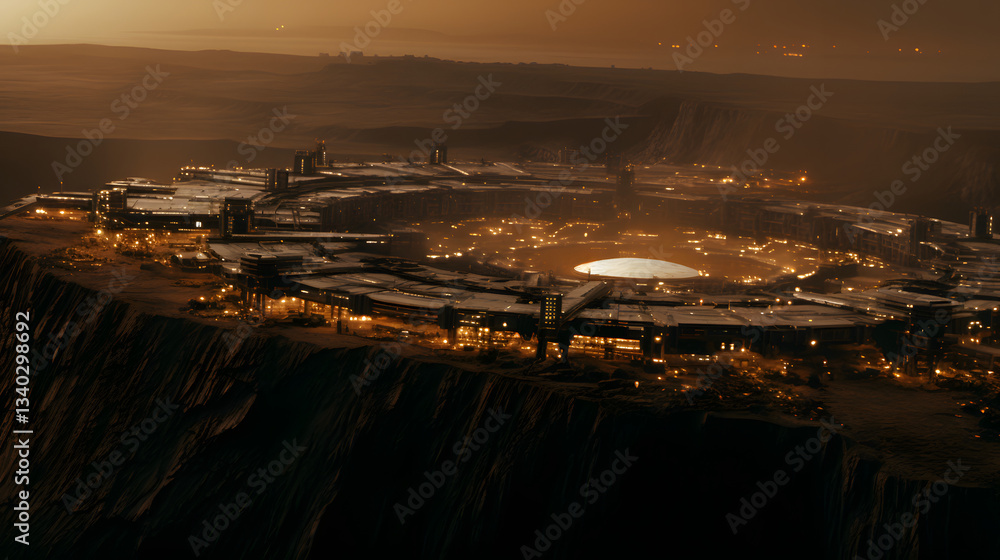 Aufkleber enigmatic space colony city on at dusk with glowing structures and advanced technology creating a un