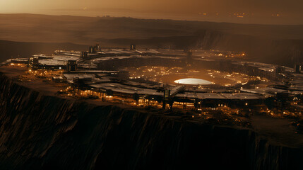 Fototapeta premium Enigmatic space colony city on at dusk with glowing structures and advanced technology creating a unique urban landscape.