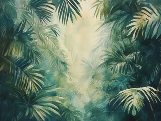 Lush Tropical Canopy Watercolor Painting Serene Jungle Scene with Palm Leaves and Sunlight Artistic Impression of Verdant Foliage and Exotic Flora