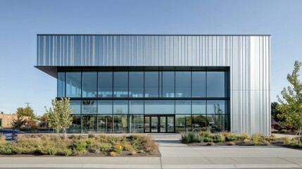 Obraz premium Modern office building facade with large windows and metal siding.