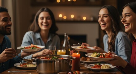 Joyful Friends Enjoying Delicious Home-Cooked Meal Together at a Cozy Dinner Gathering