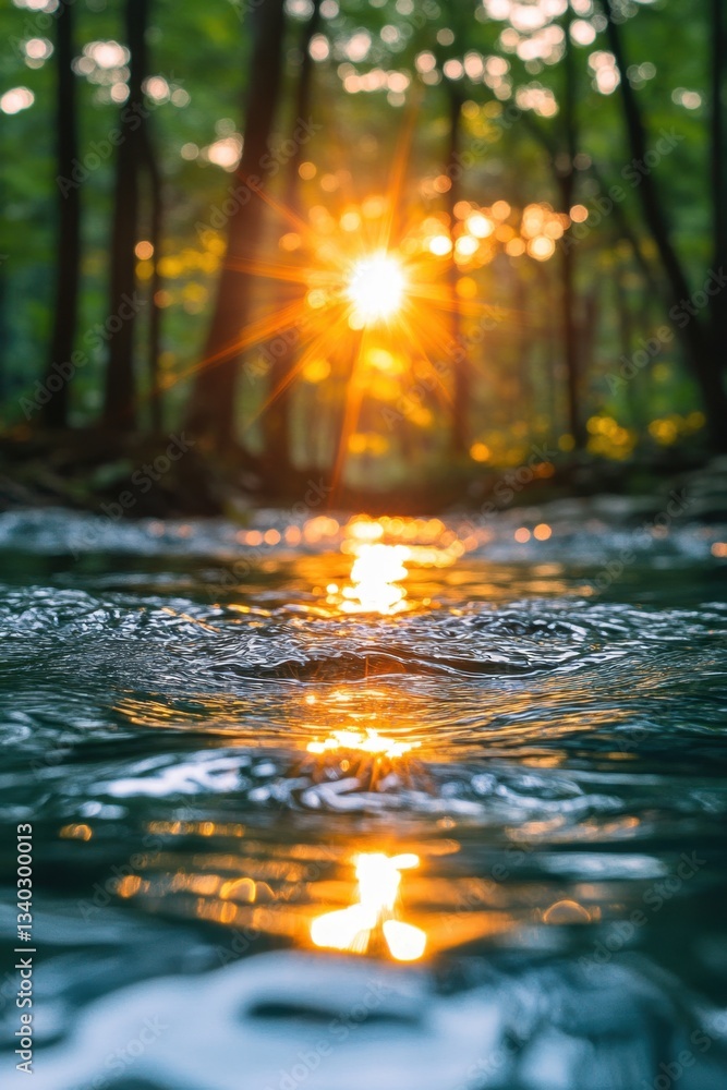 Poster golden sunlight filtering through forest trees reflecting on flowing river water creating a serene a