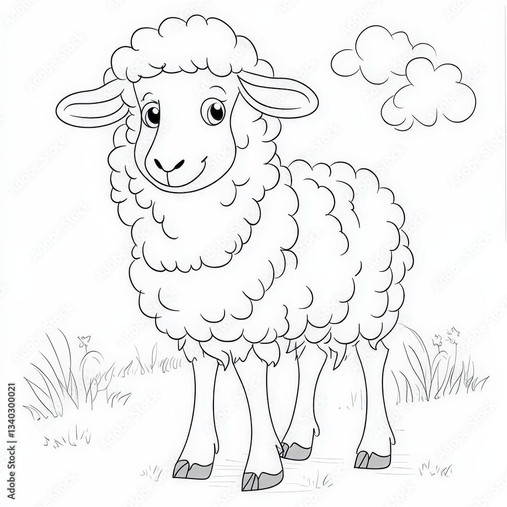 Poster adorable cartoon sheep in simple outline style with soft clouds and grass
