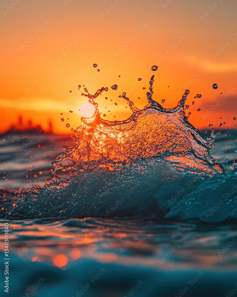 Poster dynamic ocean wave splashing at sunset capturing the golden hour light and reflective surface creati