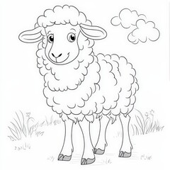 Adorable Cartoon Sheep in Simple Outline Style with Soft Clouds and Grass
